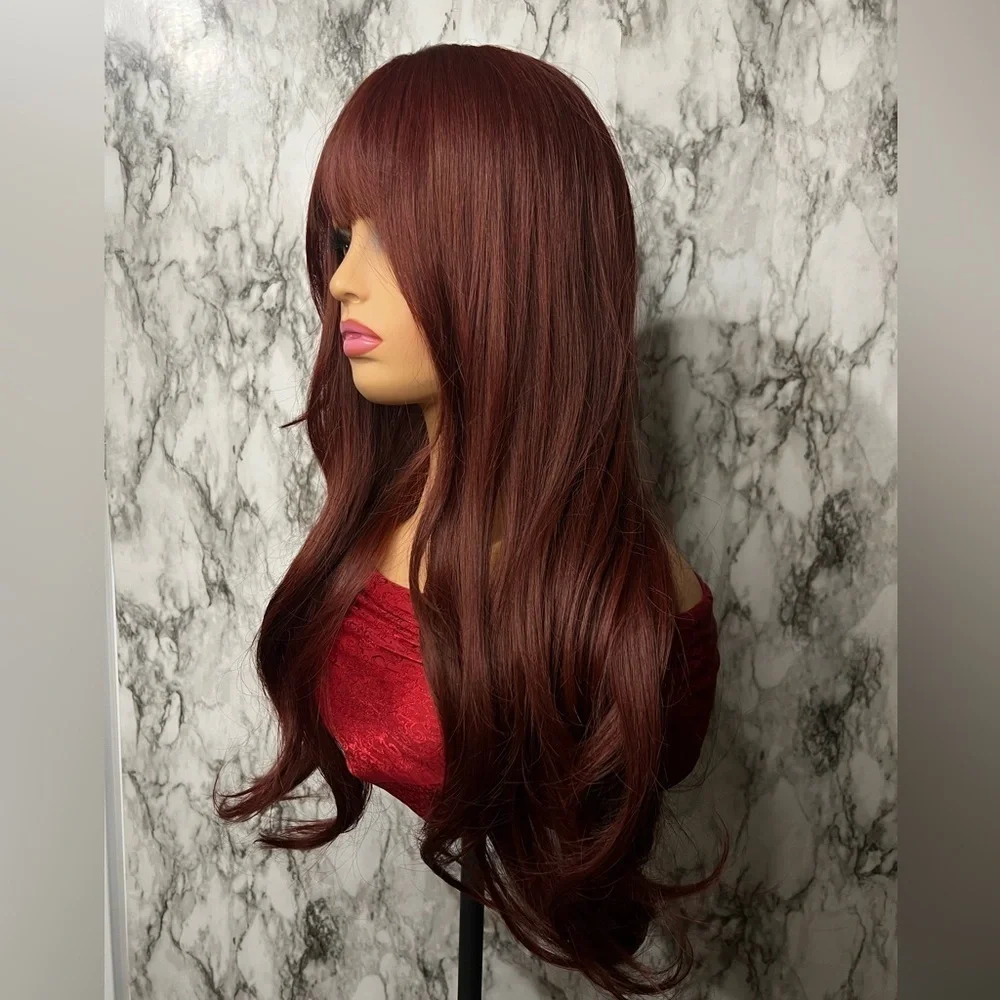 Long Wine Red Wig with Bangs Wavy Layered Synthetic Wig